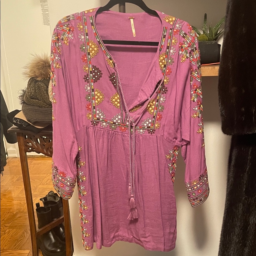 Free People Purple Embroidered Long Sleeve Dress